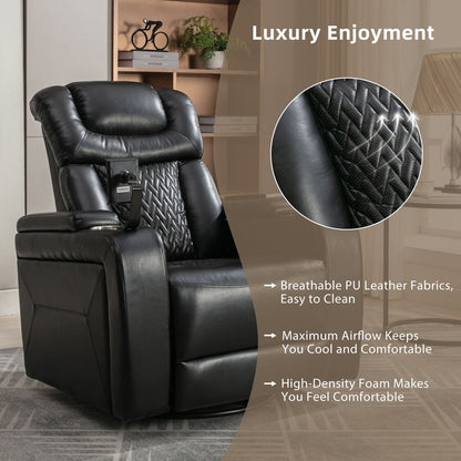 270 Degree Swivel PU Leather Power Recliner Individual Seat Home Theater Recliner with Comforable Backrest, Tray Table, Phone Holder, Cup Holder, USB Port, Hidden Arm Storage for Living Room, Black