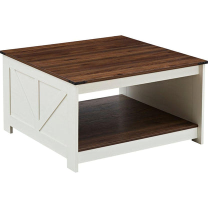 Coffee Table Farmhouse Coffee Table with Storage Rustic Wood Cocktail Table,Square Coffee Table for Living Meeting Room with Half Open Storage Compartment,walnut & ivory