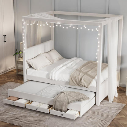 Full Size Upholstery Canopy Platform Bed with Trundle and Three Storage Drawers, Beige - Streamdale Furniture