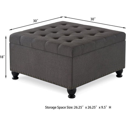 Large square storage ottoman with wooden legs, Upholstered button tufted coffee table with nail trims for Living Space,Dark Grey