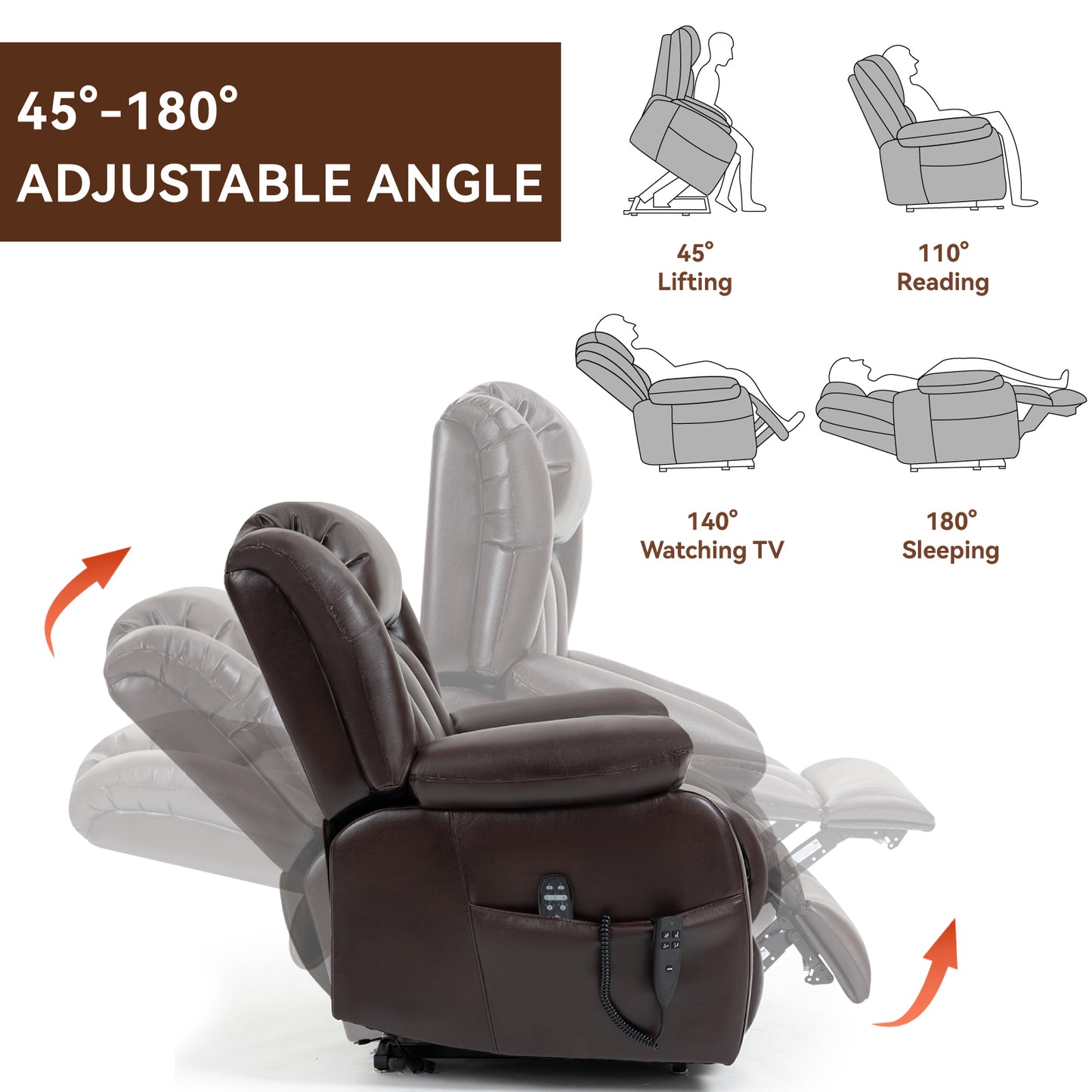 Dual Motor Infinite Position Up to 350 LBS Electric Medium size Brown Power Lift Recliner Chair with 8-Point Vibration Massage and Lumbar Heating