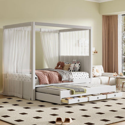 Twin Size Upholstery Canopy Platform Bed with Trundle and Three Storage Drawers, Beige