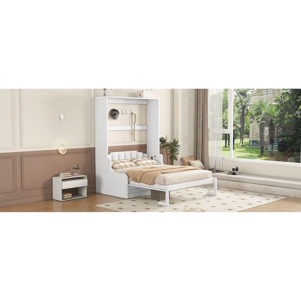 Queen Size Murphy Bed Wall Bed with Cushion,White