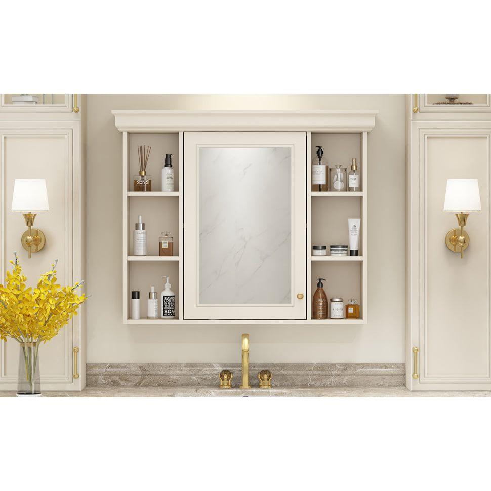 35" x 28" Blue Wall Mounted Bathroom Storage Cabinet with Mirror Door, Modern Bathroom Wall Cabinet with Mirror, Medicine Cabinet with 6 Open Shelves