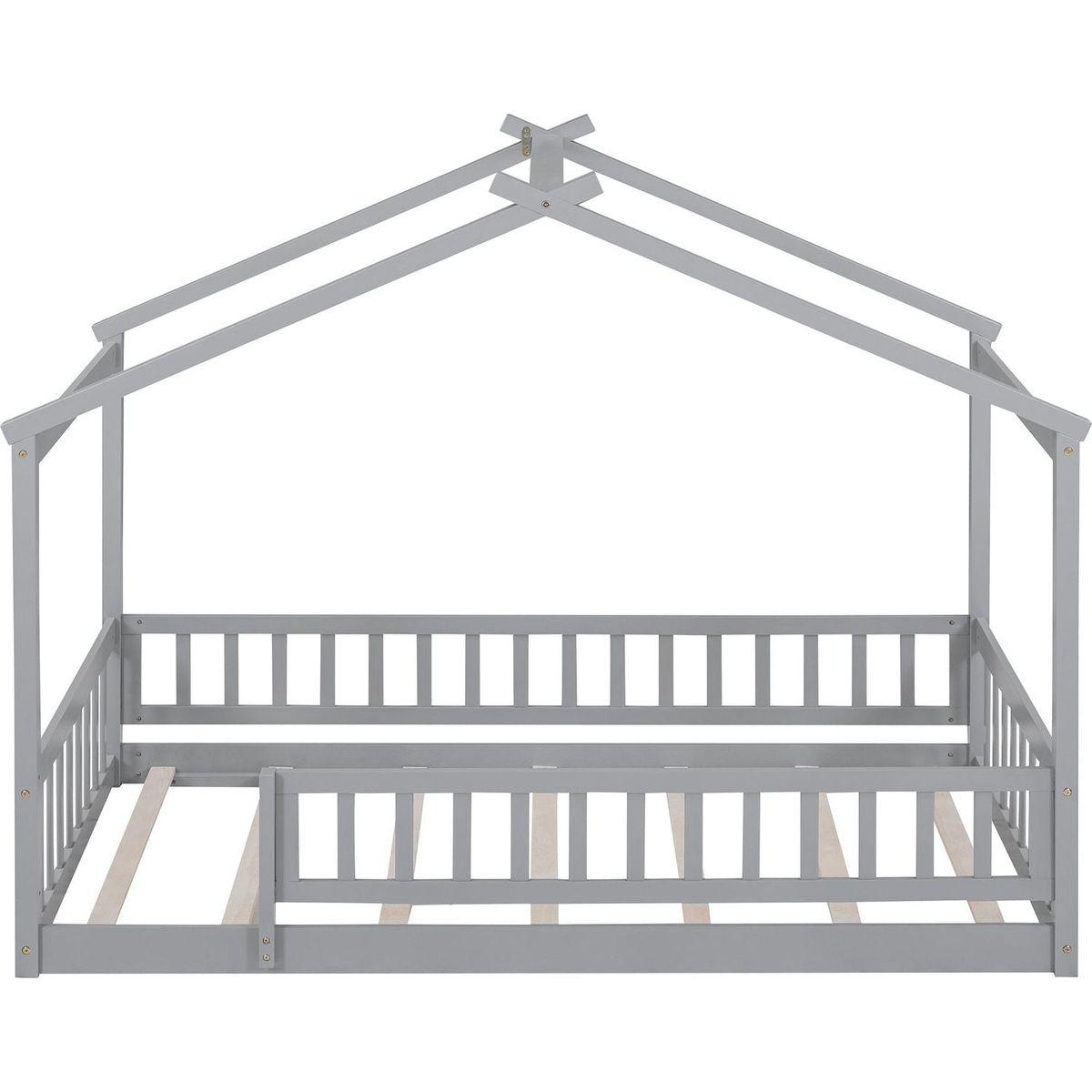 Twin Size Wood Bed House Bed Frame with Fence, for Kids, Teens, Girls, Boys, Gray