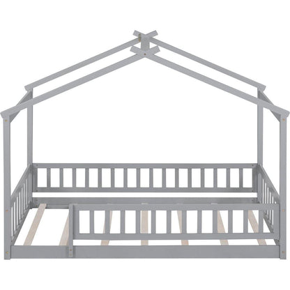 Twin Size Wood Bed House Bed Frame with Fence, for Kids, Teens, Girls, Boys, Gray