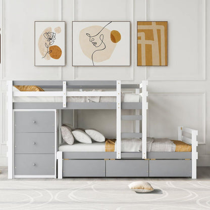 Twin over Twin Loft Bunk Bed with Drawers and Ladder, Gray