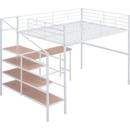 Full Size Metal Loft Bed with Desk and Lateral Storage Ladder, White