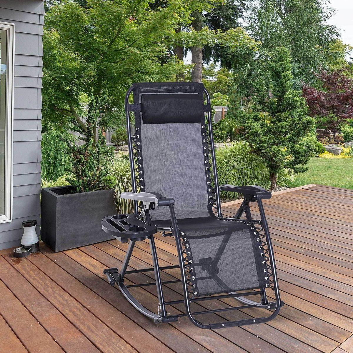 Outdoor Rocking Chairs, Foldable Reclining Anti Gravity Lounge Rocker w/ Pillow, Cup & Phone Holder, Combo Design w/ Folding Legs, Black