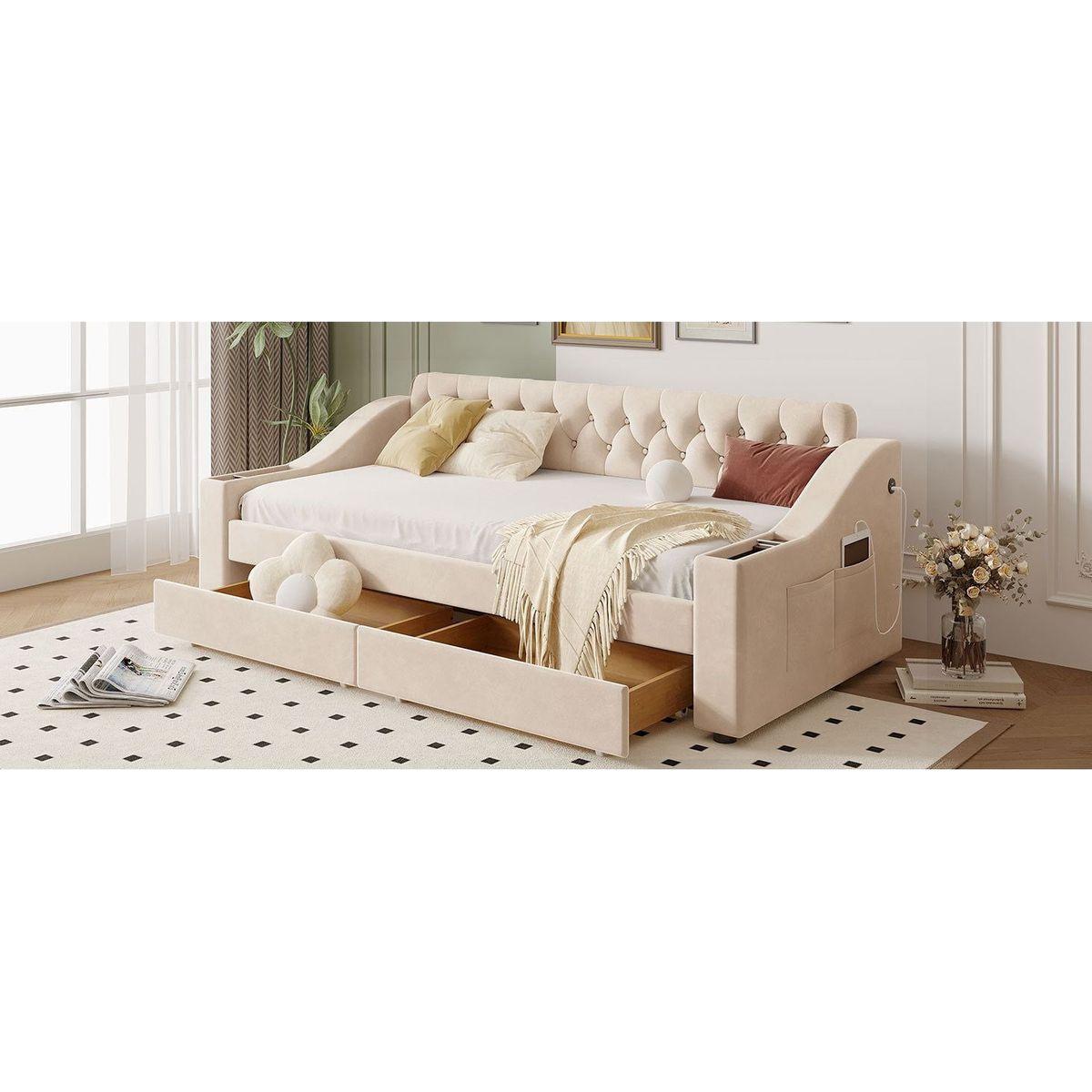 Twin Size Upholstered Daybed with Storage Armrests and USB Port, Beige