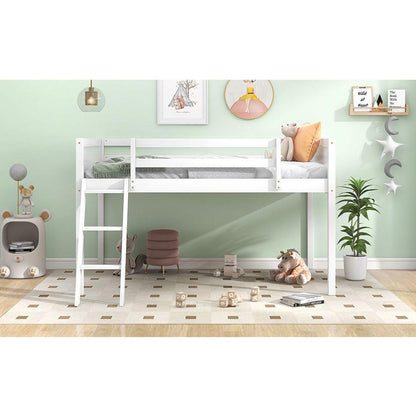 Twin Size Wood Low Loft Bed with Ladder, ladder can be placed on the left or right, White