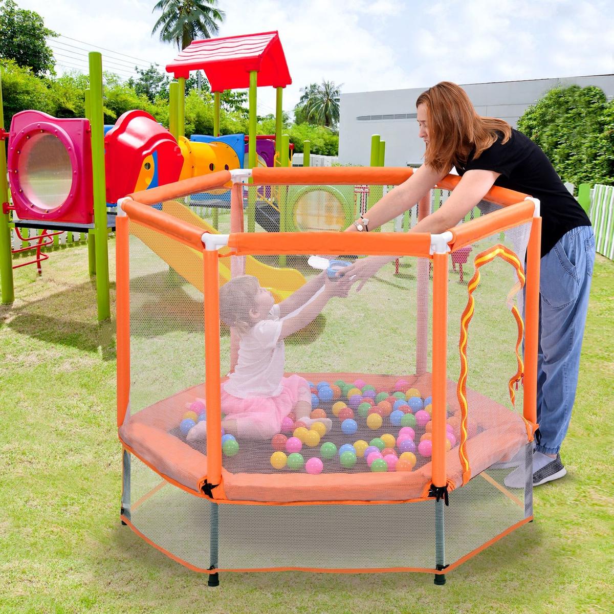 55" Toddlers Trampoline with Safety Enclosure Net and Balls, Indoor Outdoor Mini Trampoline for Kids