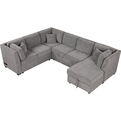 108.6" U-shaped Sectional Sofa Pull out Sofa Bed with Two USB Ports, Two Power Sockets, Three Back Pillows and a Storage Chaise for Living Room, Light Gray