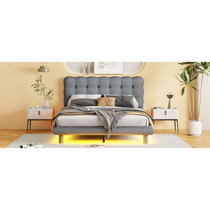 Full Size Velvet Platform Bed with LED Frame, Thick & Soft Fabric and Button-tufted Design Headboard, Gray