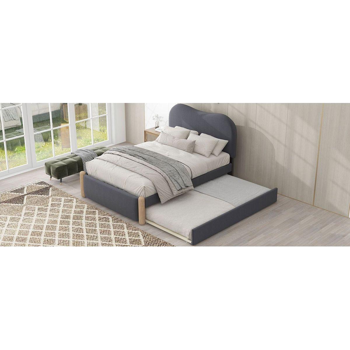 Twin Size Upholstered Platform Bed with Wood Supporting Feet and Twin Size Trundle, Gray