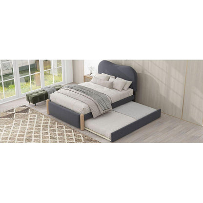 Twin Size Upholstered Platform Bed with Wood Supporting Feet and Twin Size Trundle, Gray