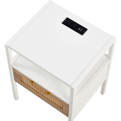 Set of 2, 15.75" Rattan End table with Power Outlet & USB Ports, Modern nightstand with drawer and metal legs, side table for living room, bedroom,white