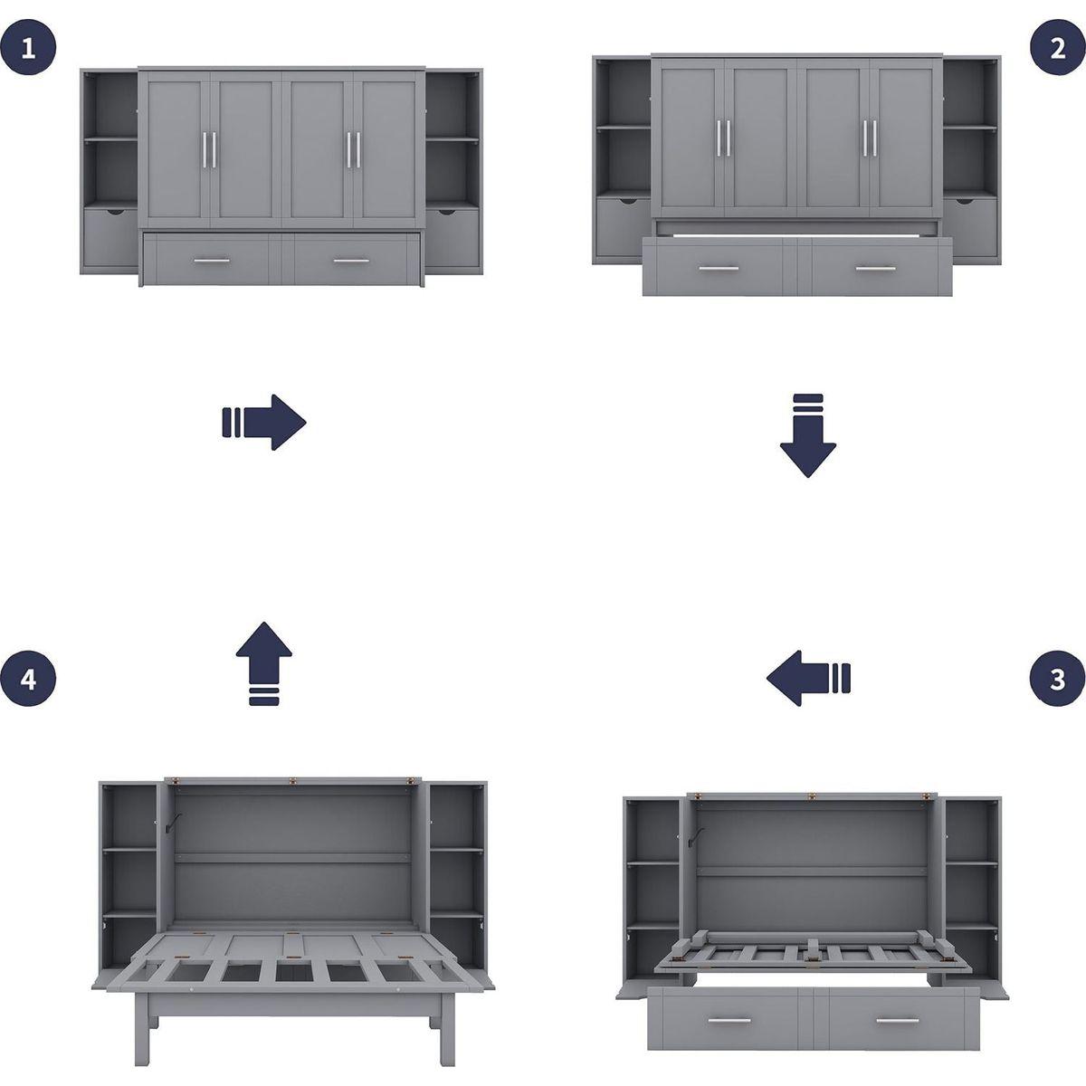 Full Size Murphy Bed with Shelves, Drawers and USB Ports,Gray