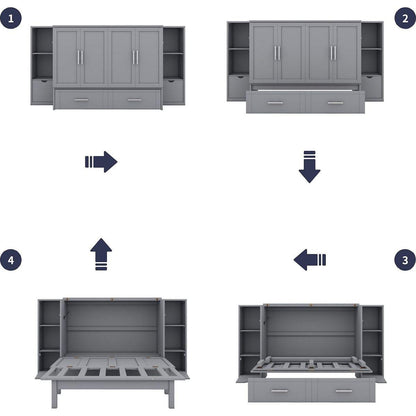 Full Size Murphy Bed with Shelves, Drawers and USB Ports,Gray