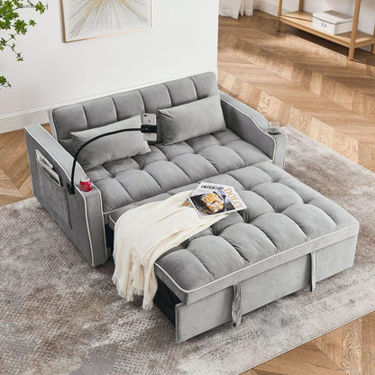 55.51 inch versatile foldable sofa bed in 3 lengths, modern sofa sofa sofa velvet pull-out bed, adjustable back and with USB port and ashtray and swivel phone stand (Grey)