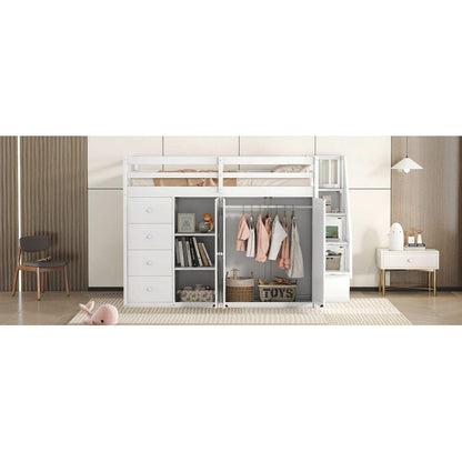 Full Size Wood Loft Bed With Built-in Wardrobes, Cabinets and Drawers, White