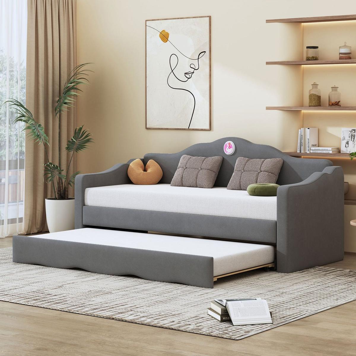 Twin Size Upholstered daybed with Wave-shaped Trundle, Gray