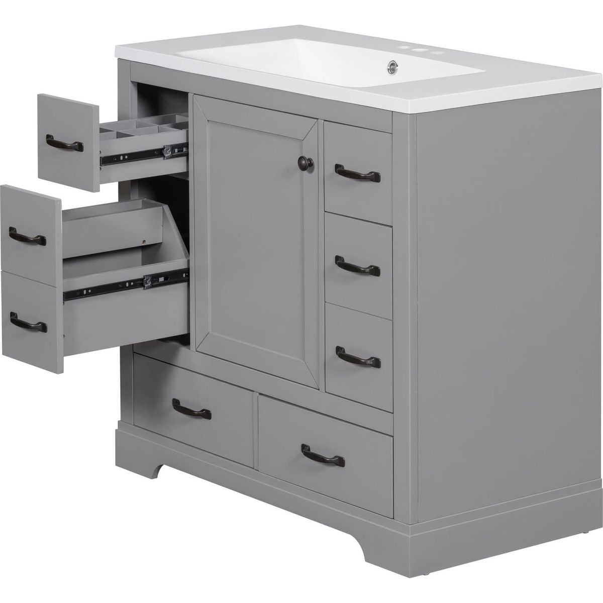 36" Bathroom Vanity with Sink Combo, Six Drawers, Multi-Functional Drawer Divider, Adjustable Shelf, Grey