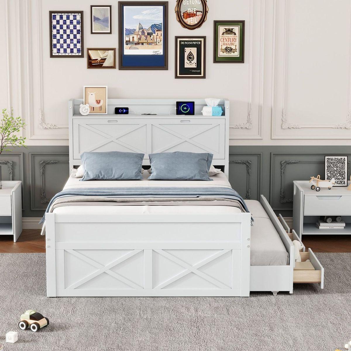 Full Size Wooden Bed with Storage Headboard with Outlets, Extendable Bed with Twin Size Trundle with Three Storage Drawers,White