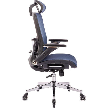 BLUE Ergonomic Mesh Office Chair, High Back - Adjustable Headrest with Flip-Up Arms, Tilt and lock Function, Lumbar Support and blade Wheels, KD chrome metal legs