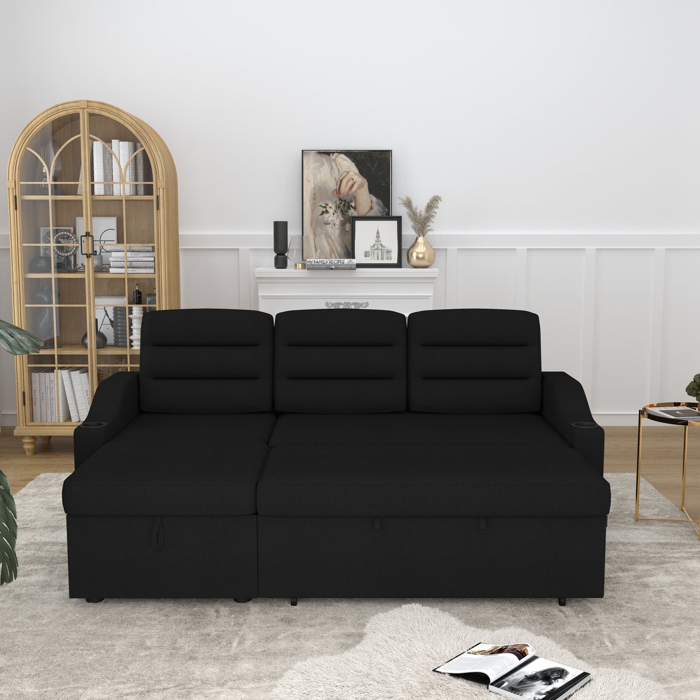 83.5" Convertible Sleeper Combo Sofa, Convertible Sofa Bed Polyester Pullout Bed with Storage Recliner and Cup Holder for Living Room, Tight Spaces