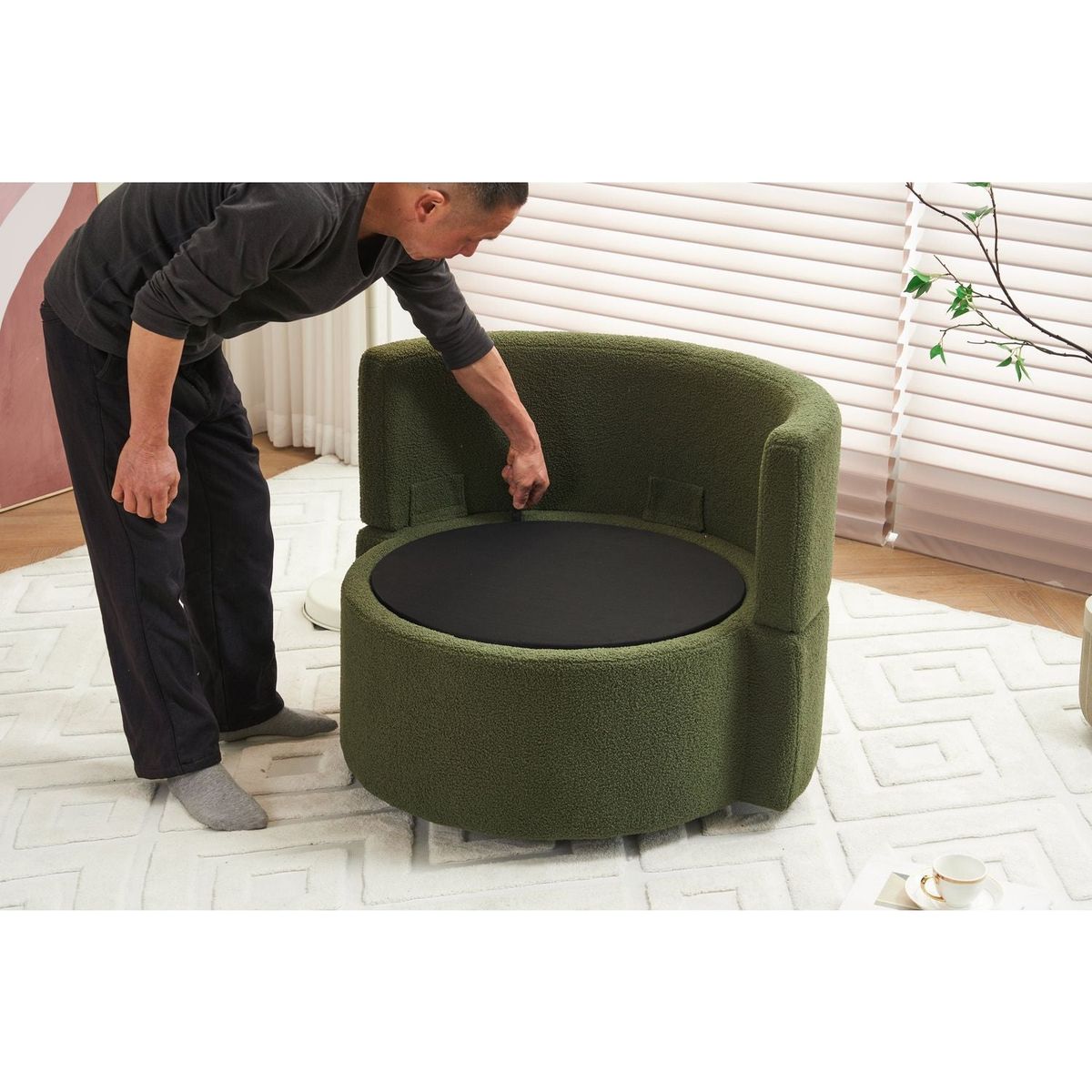 Teddy Fabric Swivel And Storage Chair With Back Cushion For Living Room,Green