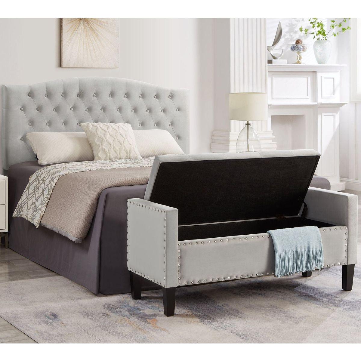 Upholstered Tufted Button Storage Bench with nails trim,Entryway Living Room Soft Padded Seat with Armrest,Bed