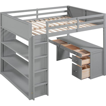 Full Size Loft Bed with Ladder, Shelves, and Desk, Gray