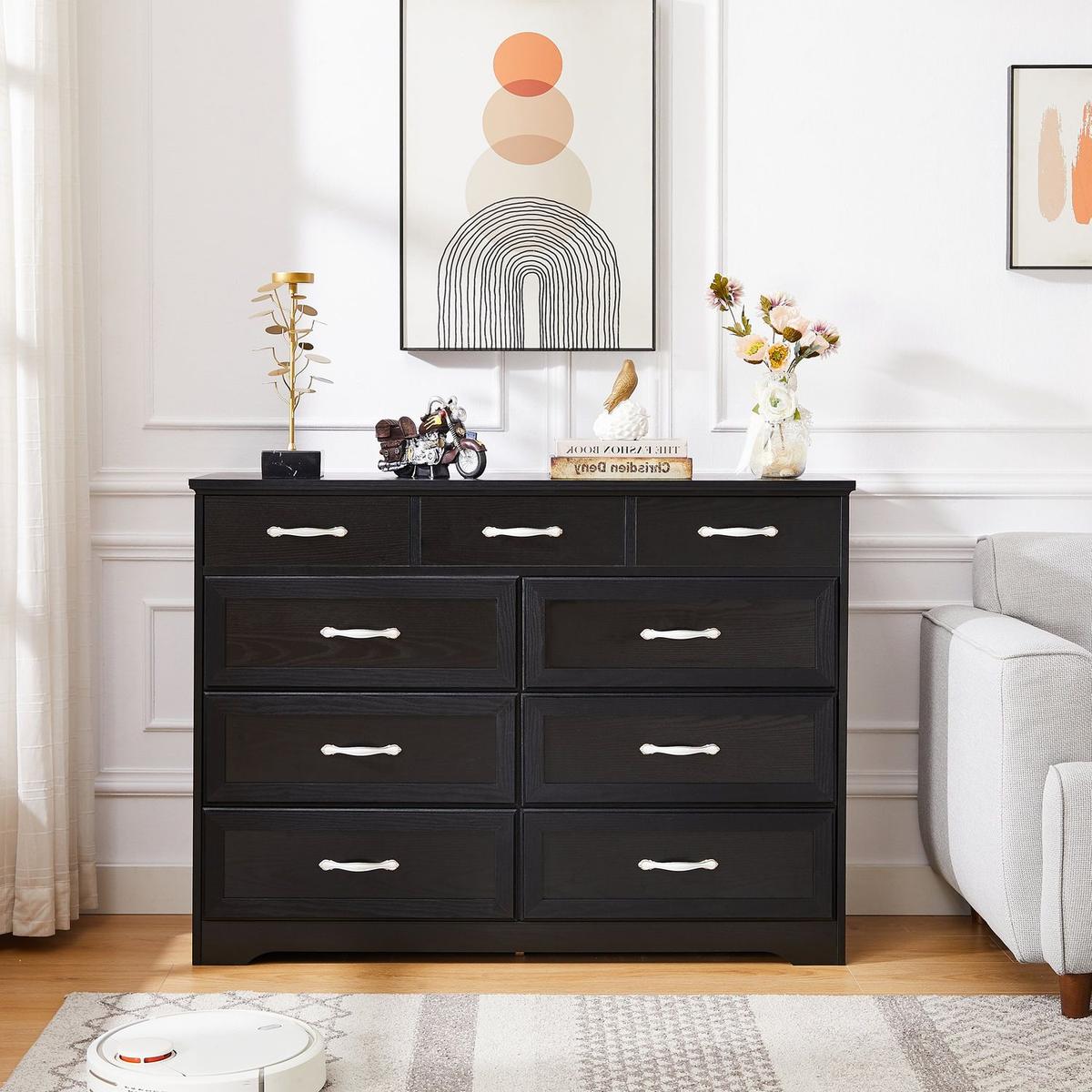 Bedroom dresser, 9 drawer long dresser with antique handles, wood chest of drawers for kids room, living room, entry and hallway, Black, 47.56"W x 15.75"D x 34.45"H.