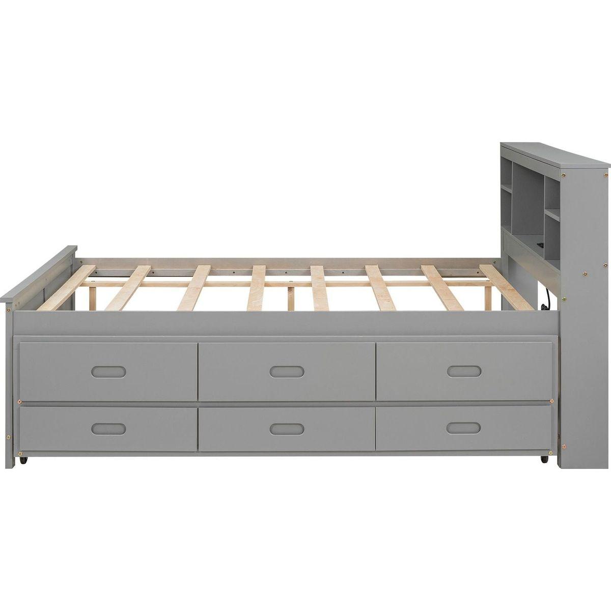 Full Size Platform Bed with Storage Headboard, USB, Twin Size Trundle and 3 Drawers, Gray