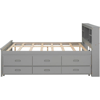 Full Size Platform Bed with Storage Headboard, USB, Twin Size Trundle and 3 Drawers, Gray