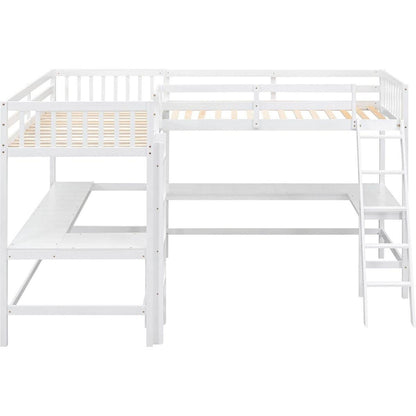 Wood Twin Size L-Shaped Loft Bed with Ladder and 2 Built-in L-Shaped Desks, White
