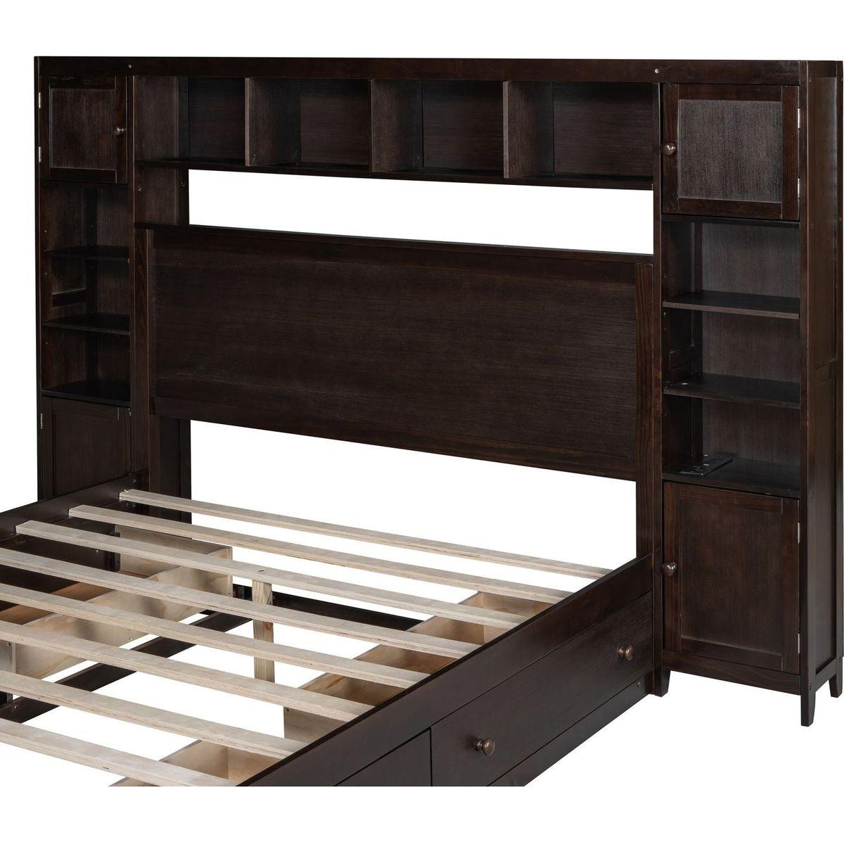Queen Size Wooden Bed With All-in-One Cabinet, Shelf and Sockets, Espresso