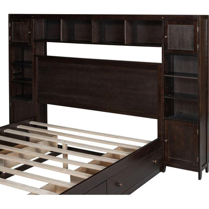 Queen Size Wooden Bed With All-in-One Cabinet, Shelf and Sockets, Espresso