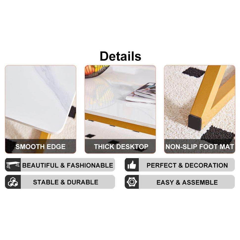 A modern minimalist style white marble patterned coffee table with golden metal legs. Computer desk. Game table. Tea table. CT-XX