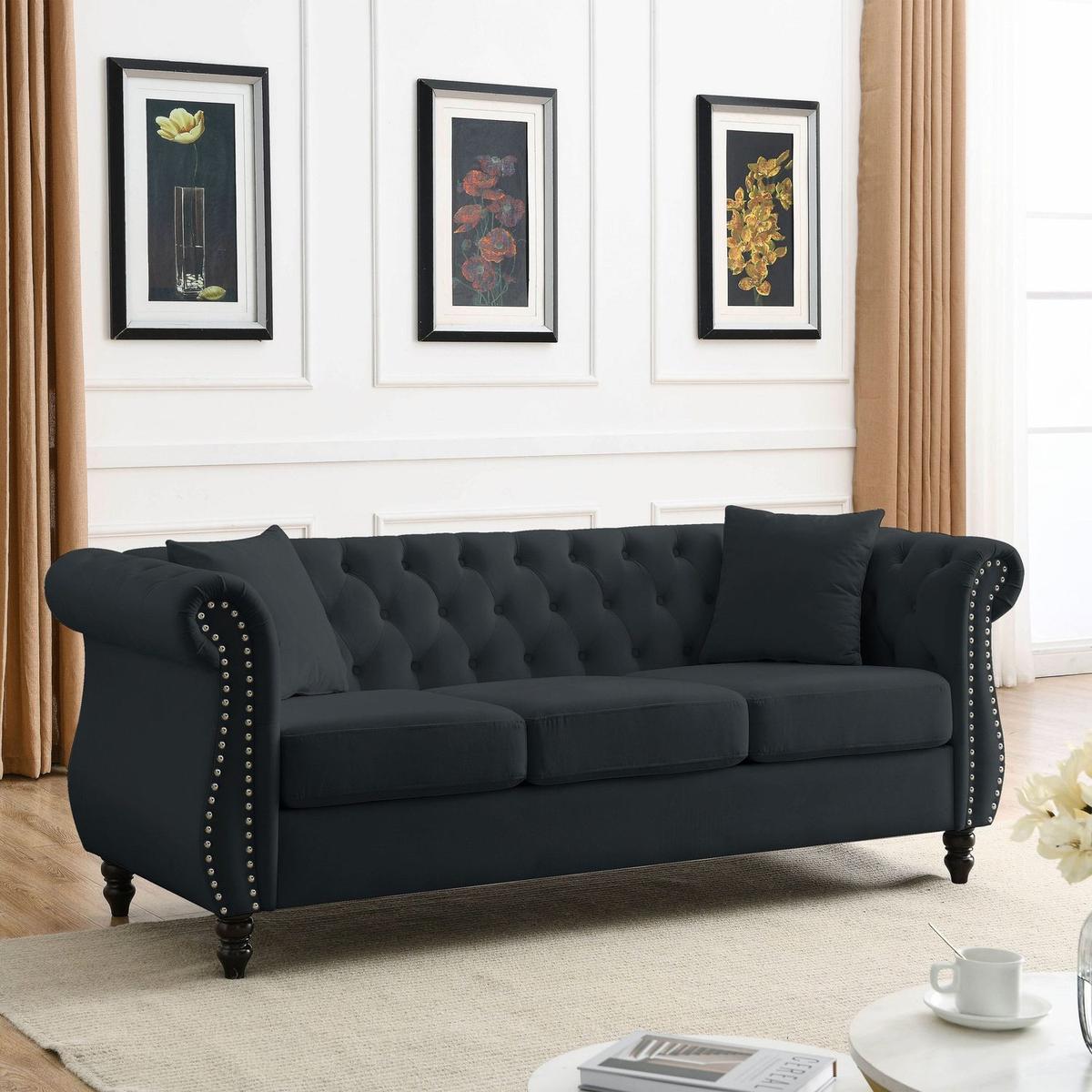 80" Chesterfield Sofa Black Velvet for Living Room, 3 Seater Sofa Tufted Couch with Rolled Arms and Nailhead for Living Room, Bedroom, Office, Apartment, 3S+2S