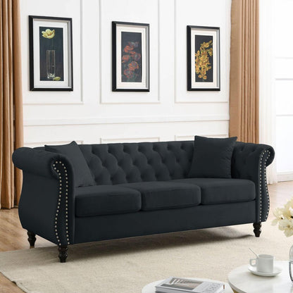 80" Chesterfield Sofa Black Velvet for Living Room, 3 Seater Sofa Tufted Couch with Rolled Arms and Nailhead for Living Room, Bedroom, Office, Apartment, 3S+2S