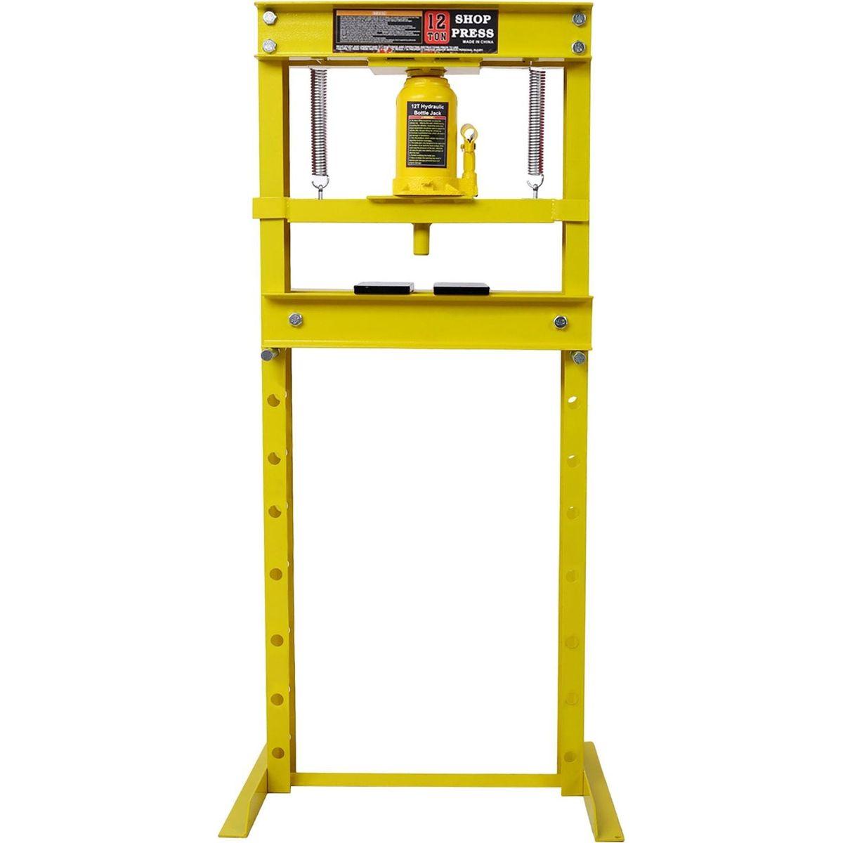 Hydraulic Shop Press, 12-Ton Capacity, Floor Mount, with Press Plates, H-Frame Garage Floor Press, Adjustable Working Table Height,, yellow