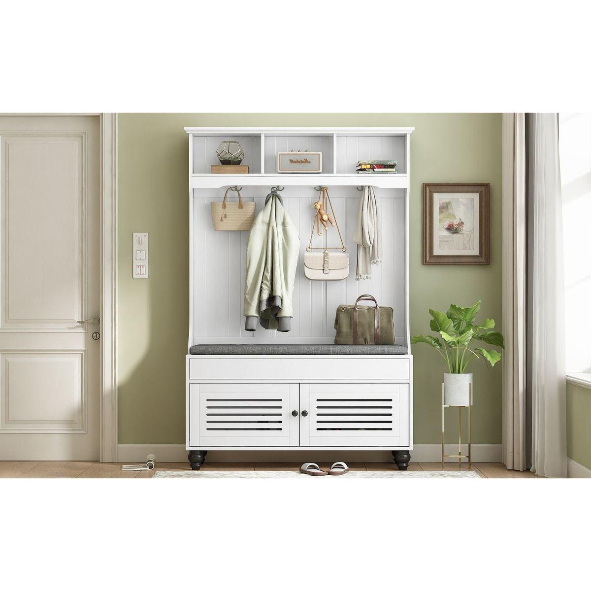5-in-1 Entryway Bench with Shutter-shaped doors, Coat Rack, Cushion and 4 Sturdy Hooks, 47.2" Wide Hall Tree with Storage Bench for Hallway, Entryway, Living Room