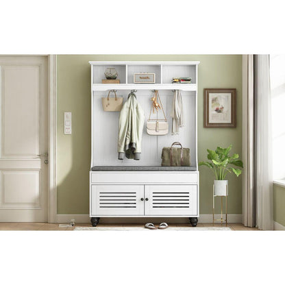 5-in-1 Entryway Bench with Shutter-shaped doors, Coat Rack, Cushion and 4 Sturdy Hooks, 47.2" Wide Hall Tree with Storage Bench for Hallway, Entryway, Living Room