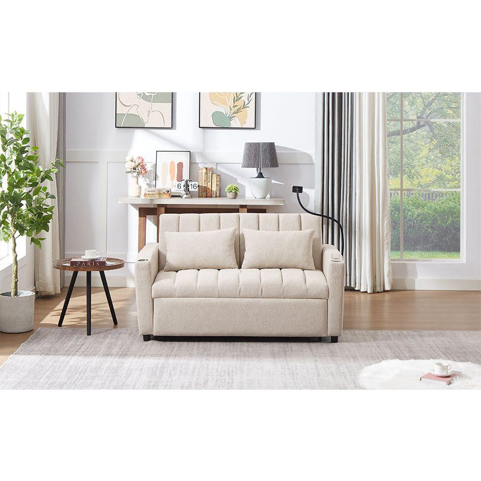 55.9" Convertible Sofa Bed Loveseat Sofa with Three USB Ports, Two Side Pockets, Two Cup Holders and 360Swivel Phone Holder for Living Room, Beige