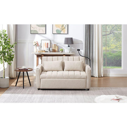 55.9" Convertible Sofa Bed Loveseat Sofa with Three USB Ports, Two Side Pockets, Two Cup Holders and 360Swivel Phone Holder for Living Room, Beige