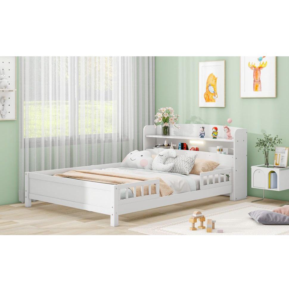 Wood Full Size Platform Bed with Built-in LED Light, Storage Headboard and Guardrail, White
