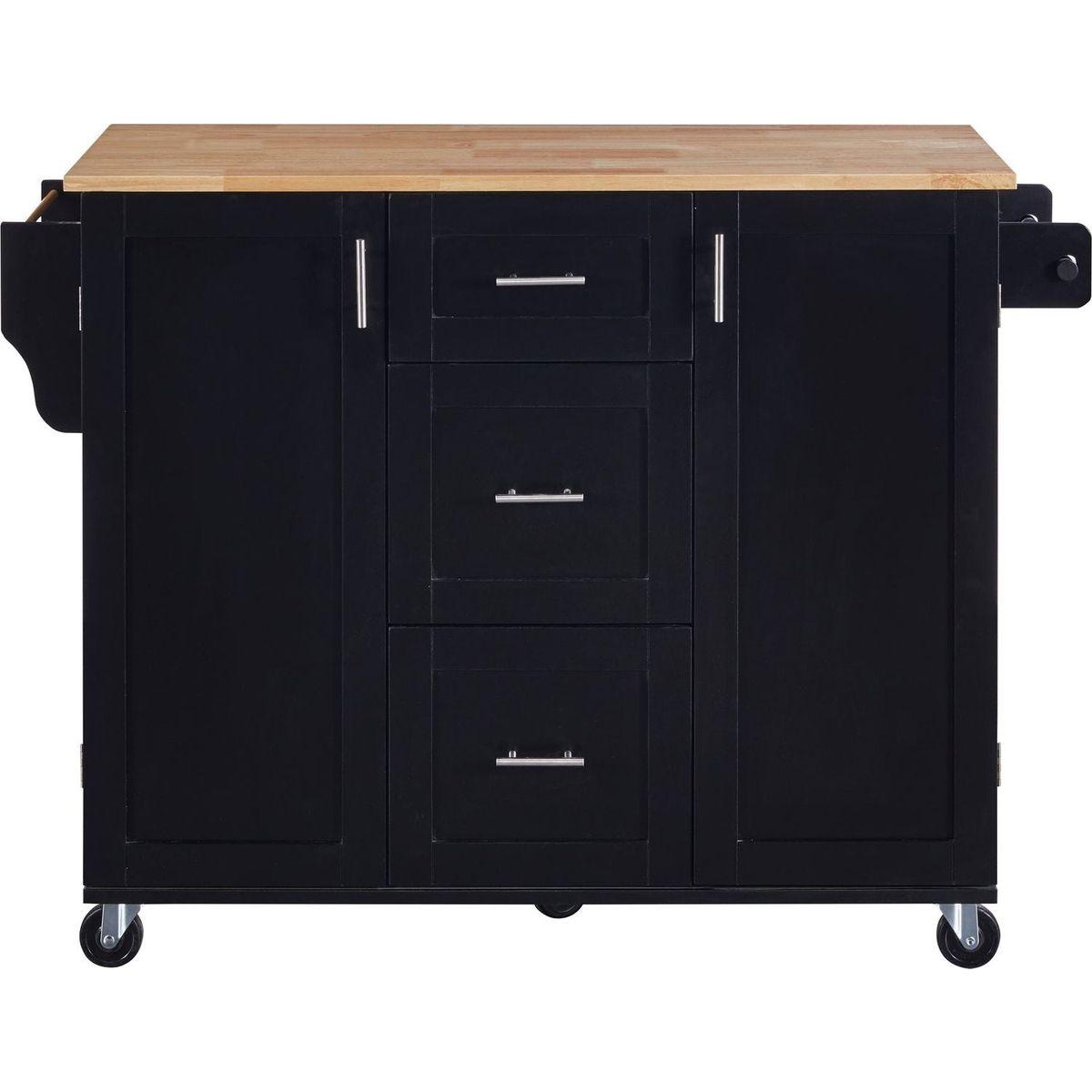 Rolling Kitchen Island with Storage, Kitchen Cart with Rubber Wood Top, 3 Drawer, 2 Slide-Out Shelf and Internal Storage Rack, Kitchen Island on Wheels with Spice Rack & Tower Rack, Black