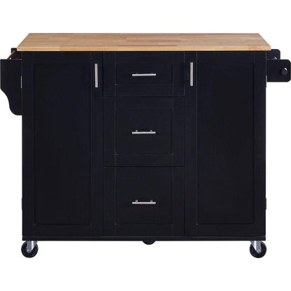 Rolling Kitchen Island with Storage, Kitchen Cart with Rubber Wood Top, 3 Drawer, 2 Slide-Out Shelf and Internal Storage Rack, Kitchen Island on Wheels with Spice Rack & Tower Rack, Black